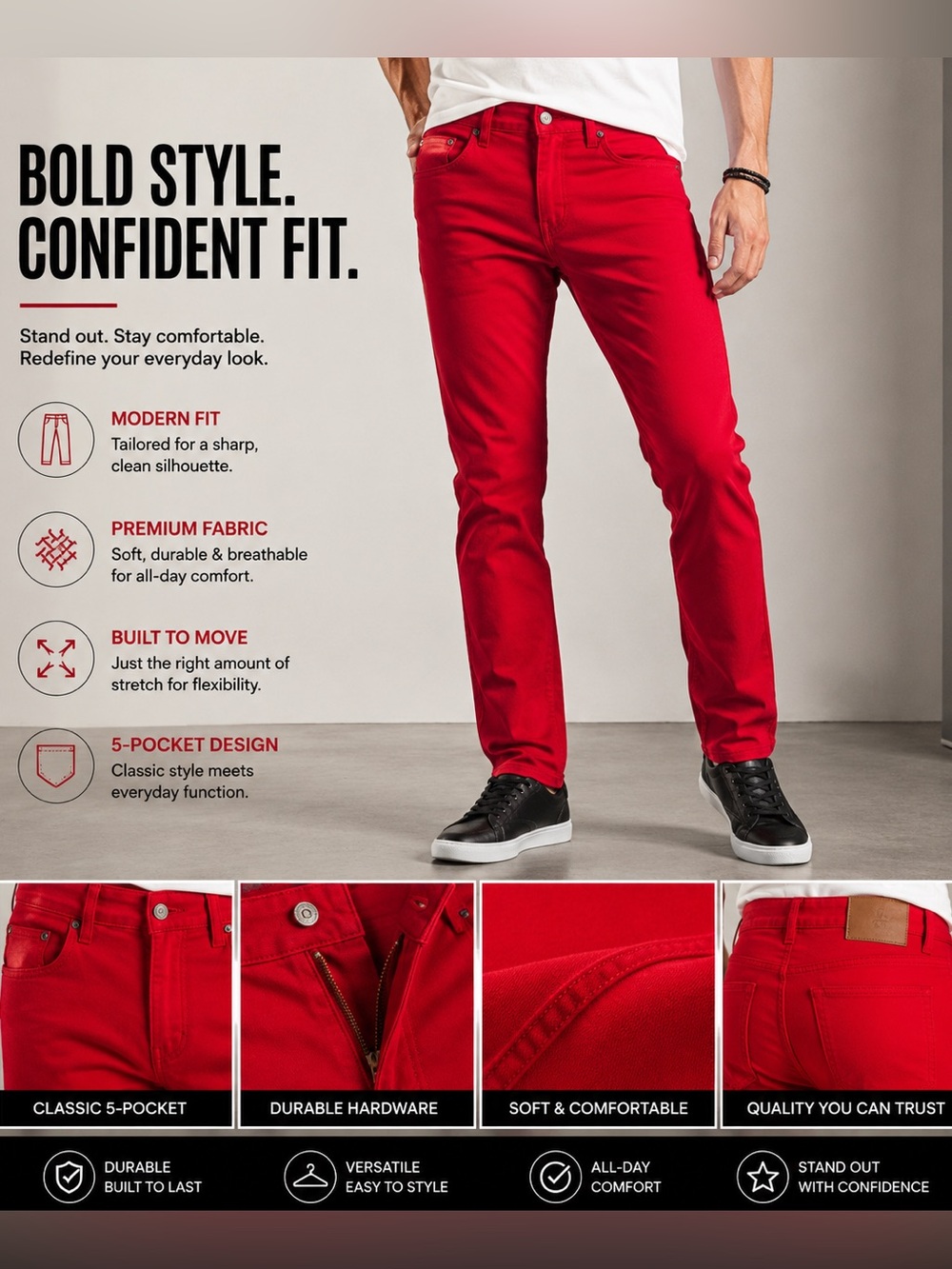 🩷  6014. 🟰 Vibrant Red Slim Fit Jeans for Men